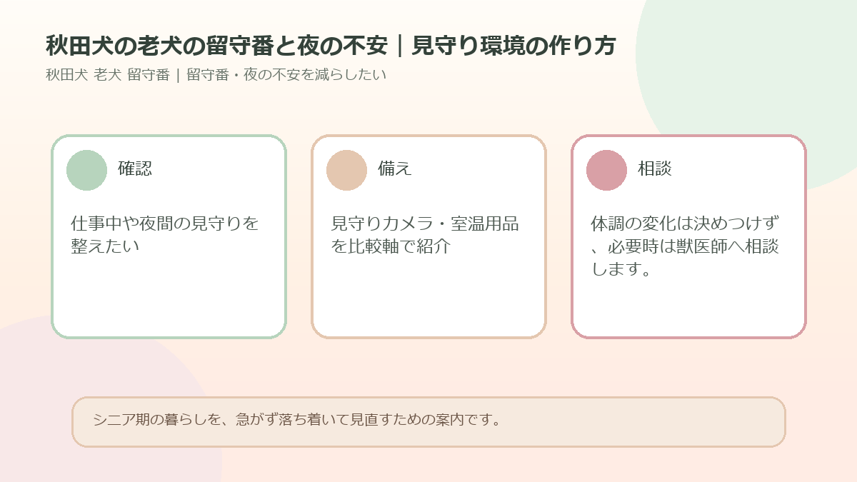 秋田犬の老犬の留守番と夜の不安｜見守り環境の作り方のアイキャッチ図解