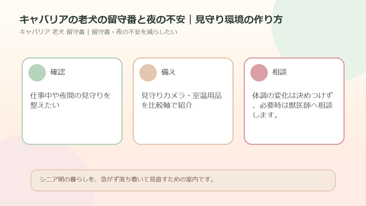 キャバリアの老犬の留守番と夜の不安｜見守り環境の作り方のアイキャッチ図解
