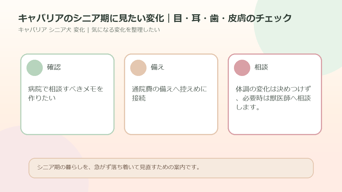 キャバリアのシニア期に見たい変化｜目・耳・歯・皮膚のチェックのアイキャッチ図解