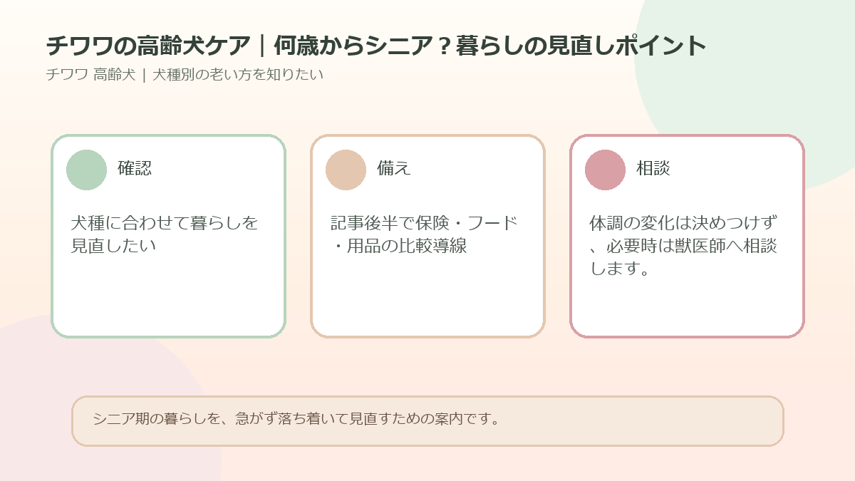 チワワの高齢犬ケア｜何歳からシニア？暮らしの見直しポイントのアイキャッチ図解