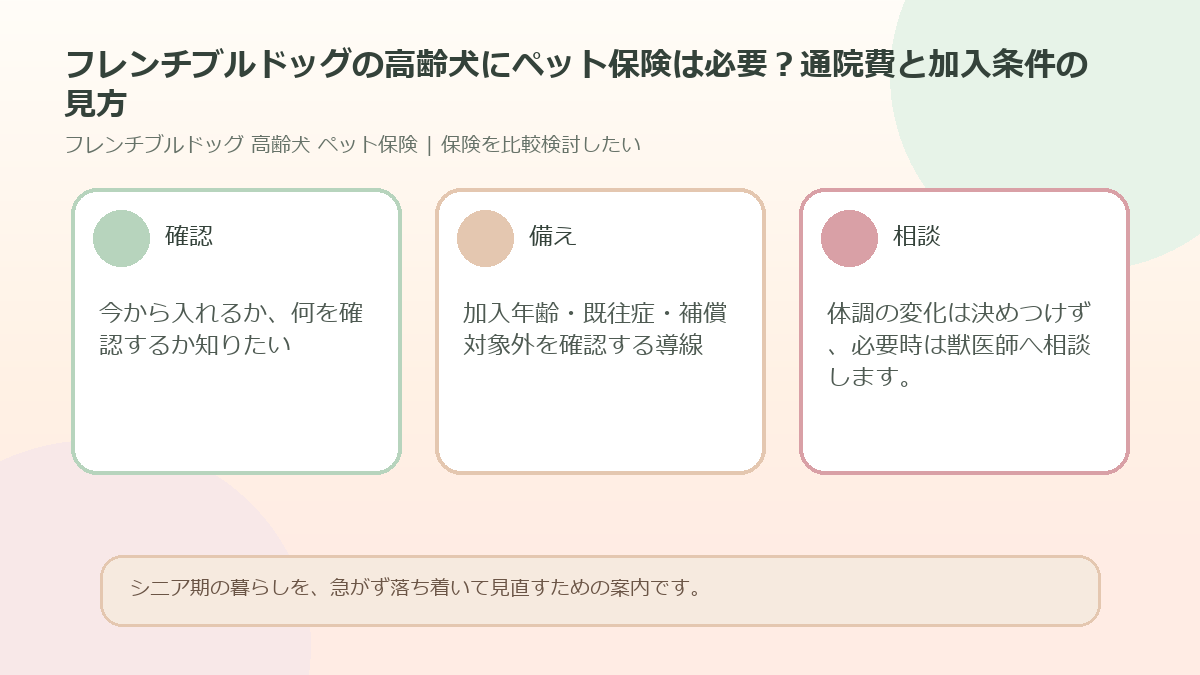 フレンチブルドッグの高齢犬にペット保険は必要？通院費と加入条件の見方のアイキャッチ図解
