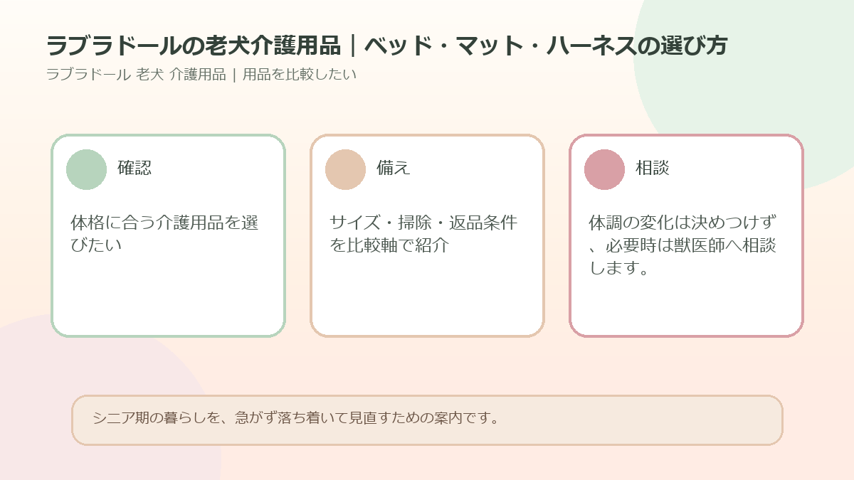 ラブラドールの老犬介護用品｜ベッド・マット・ハーネスの選び方のアイキャッチ図解