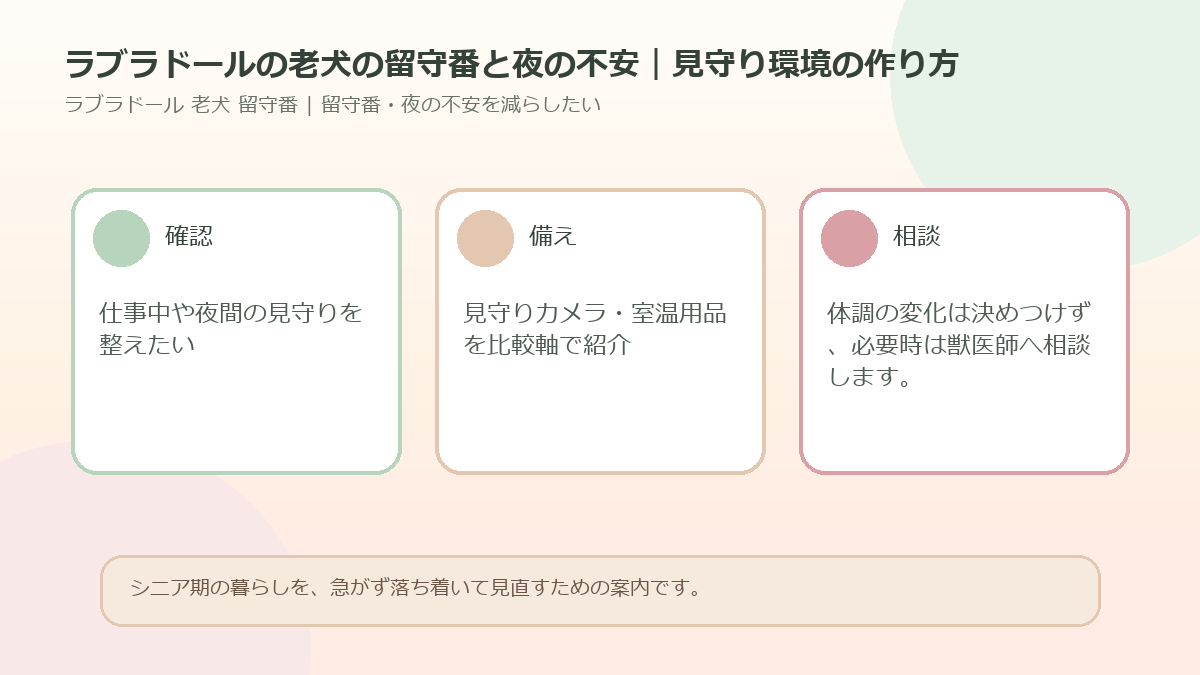 ラブラドールの老犬の留守番と夜の不安｜見守り環境の作り方のアイキャッチ図解