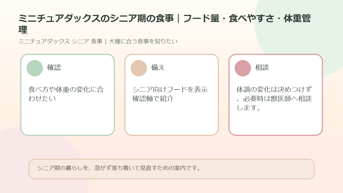 ミニチュアダックスのシニア期の食事｜フード量・食べやすさ・体重管理のアイキャッチ図解