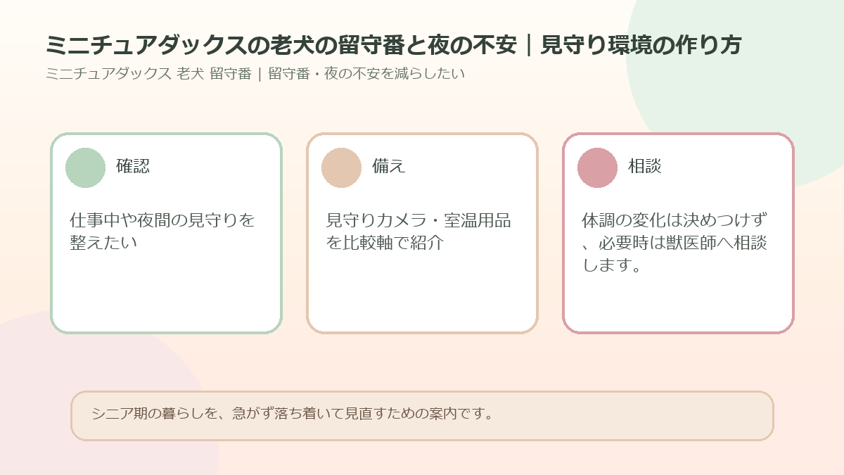 ミニチュアダックスの老犬の留守番と夜の不安｜見守り環境の作り方のアイキャッチ図解