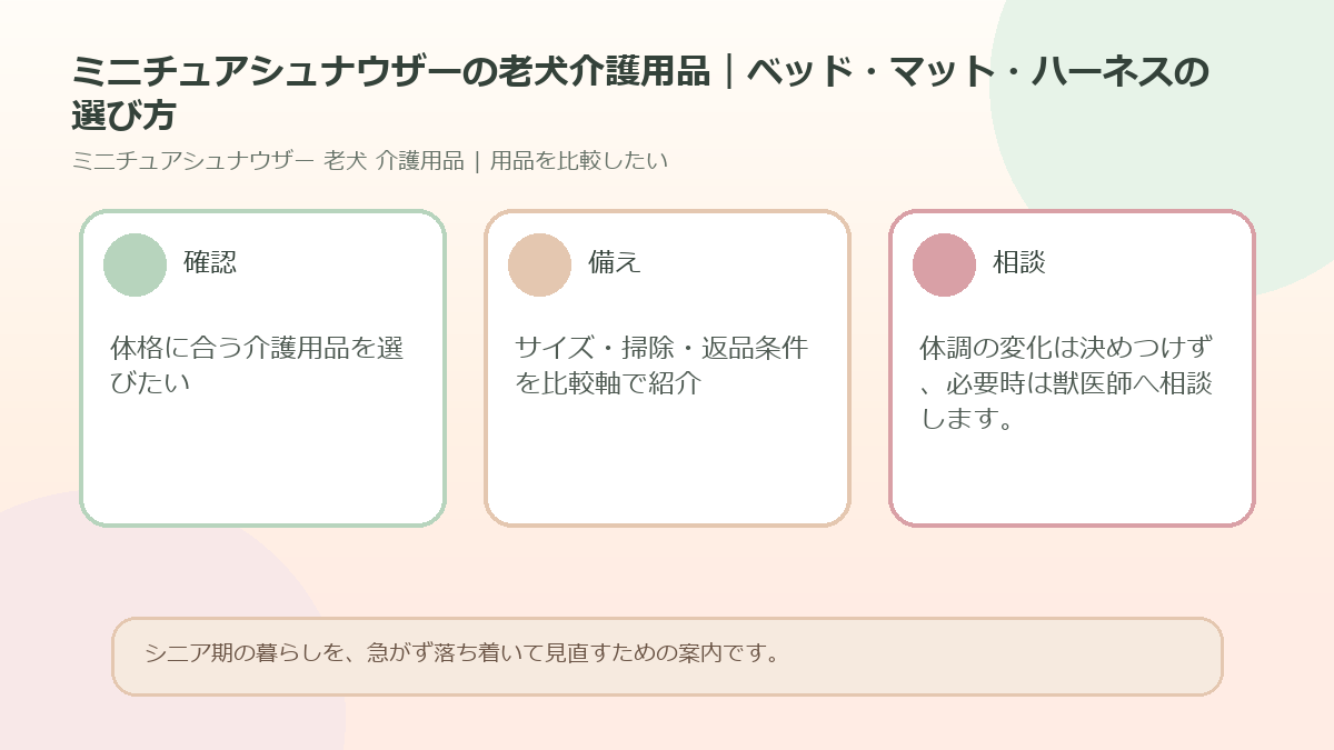 ミニチュアシュナウザーの老犬介護用品｜ベッド・マット・ハーネスの選び方のアイキャッチ図解