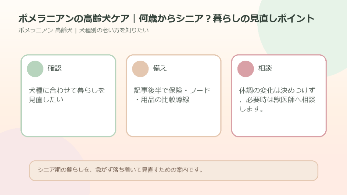 ポメラニアンの高齢犬ケア｜何歳からシニア？暮らしの見直しポイントのアイキャッチ図解