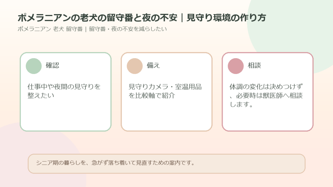 ポメラニアンの老犬の留守番と夜の不安｜見守り環境の作り方のアイキャッチ図解