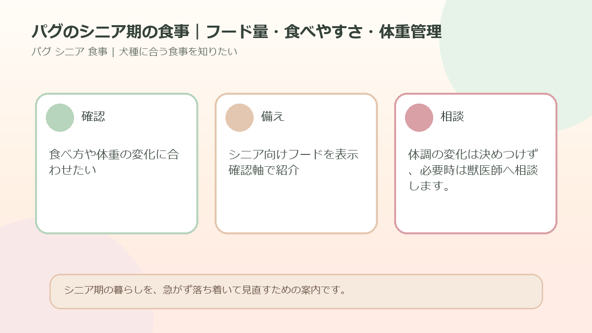 パグのシニア期の食事｜フード量・食べやすさ・体重管理のアイキャッチ図解