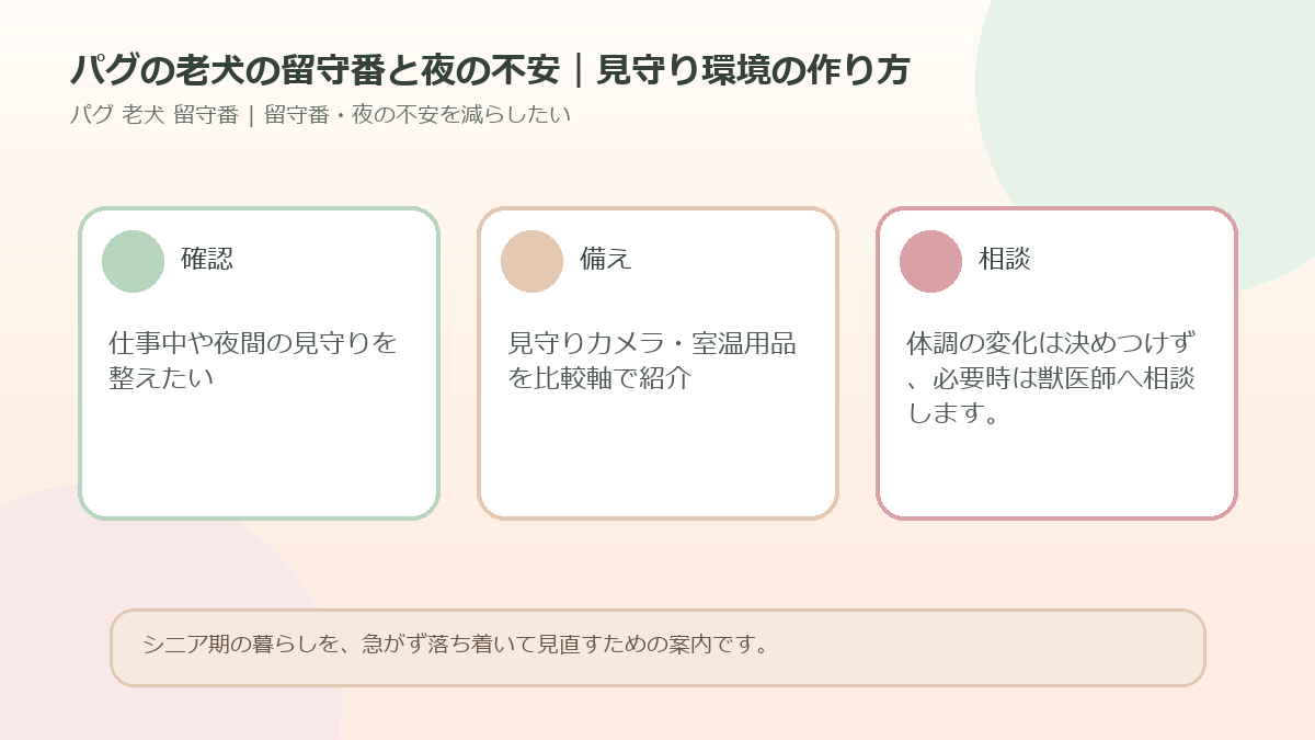 パグの老犬の留守番と夜の不安｜見守り環境の作り方のアイキャッチ図解