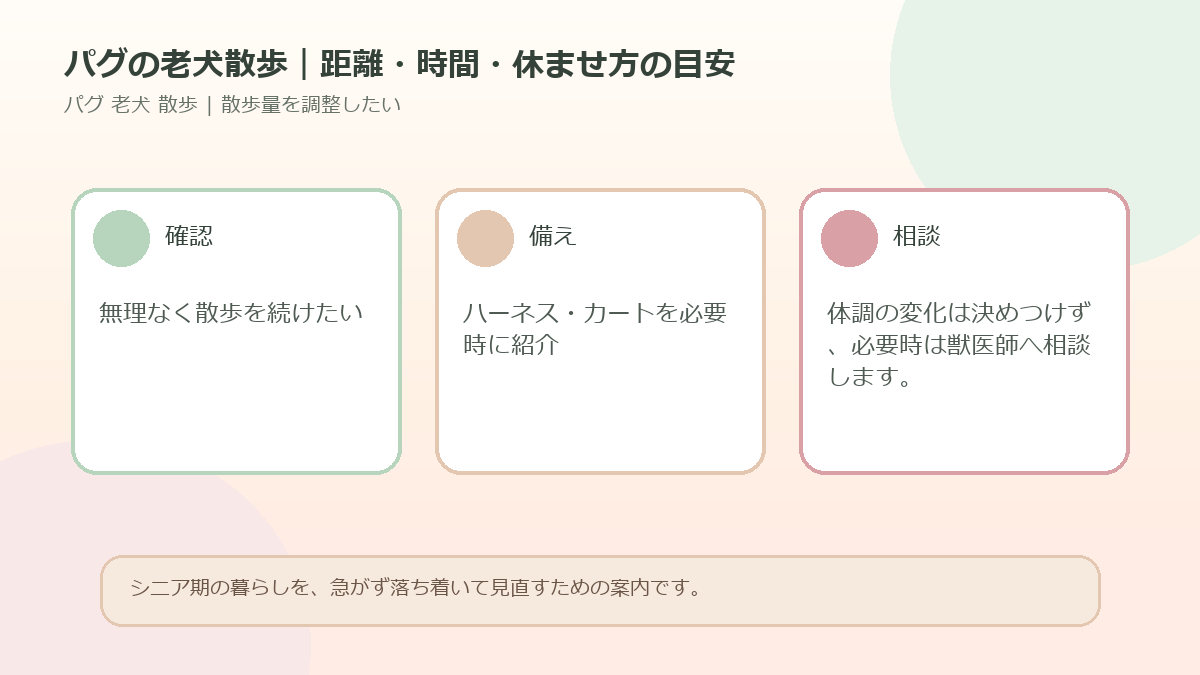 パグの老犬散歩｜距離・時間・休ませ方の目安のアイキャッチ図解