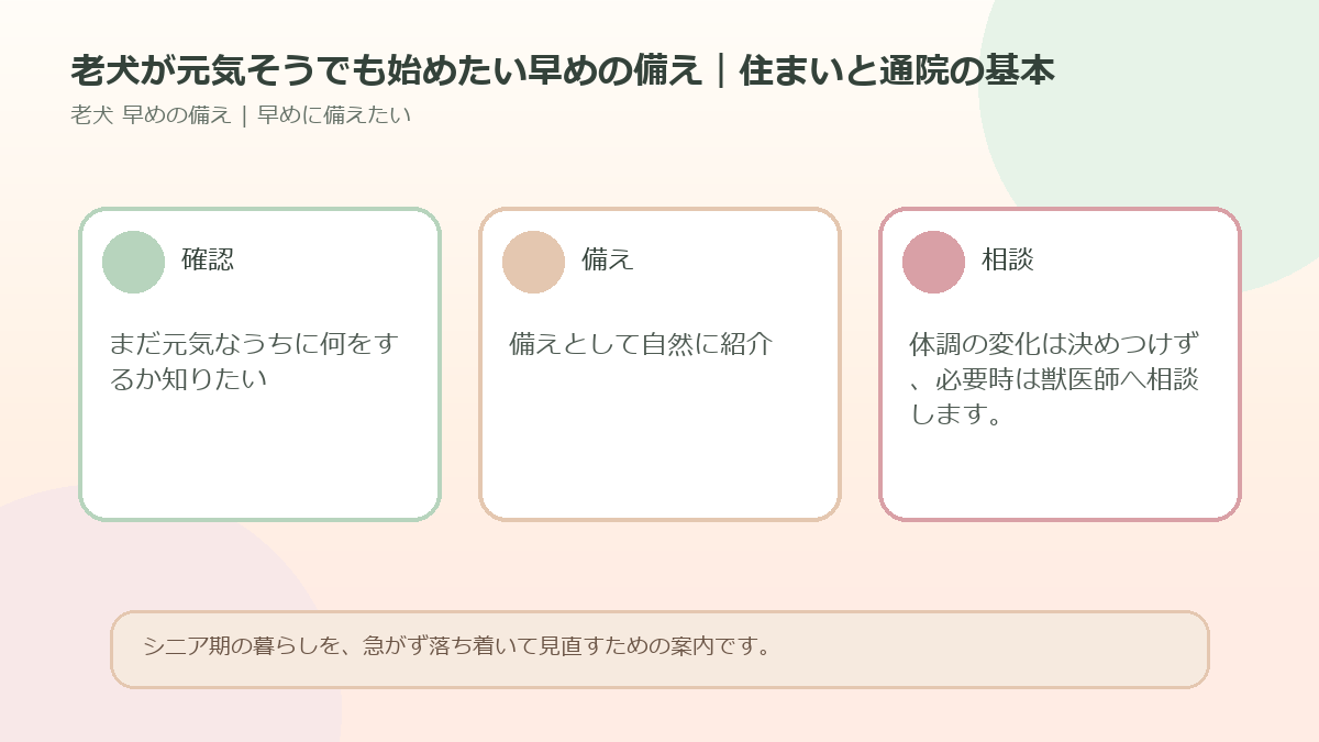 老犬が元気そうでも始めたい早めの備え｜住まいと通院の基本のアイキャッチ図解