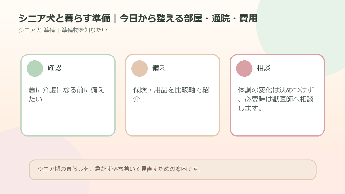 シニア犬と暮らす準備｜今日から整える部屋・通院・費用のアイキャッチ図解