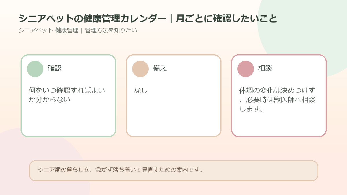 シニアペットの健康管理カレンダー｜月ごとに確認したいことのアイキャッチ図解