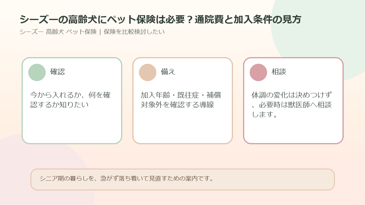 シーズーの高齢犬にペット保険は必要？通院費と加入条件の見方のアイキャッチ図解