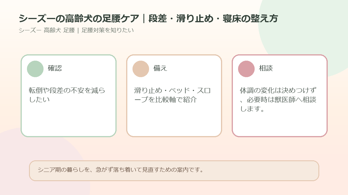 シーズーの高齢犬の足腰ケア｜段差・滑り止め・寝床の整え方のアイキャッチ図解
