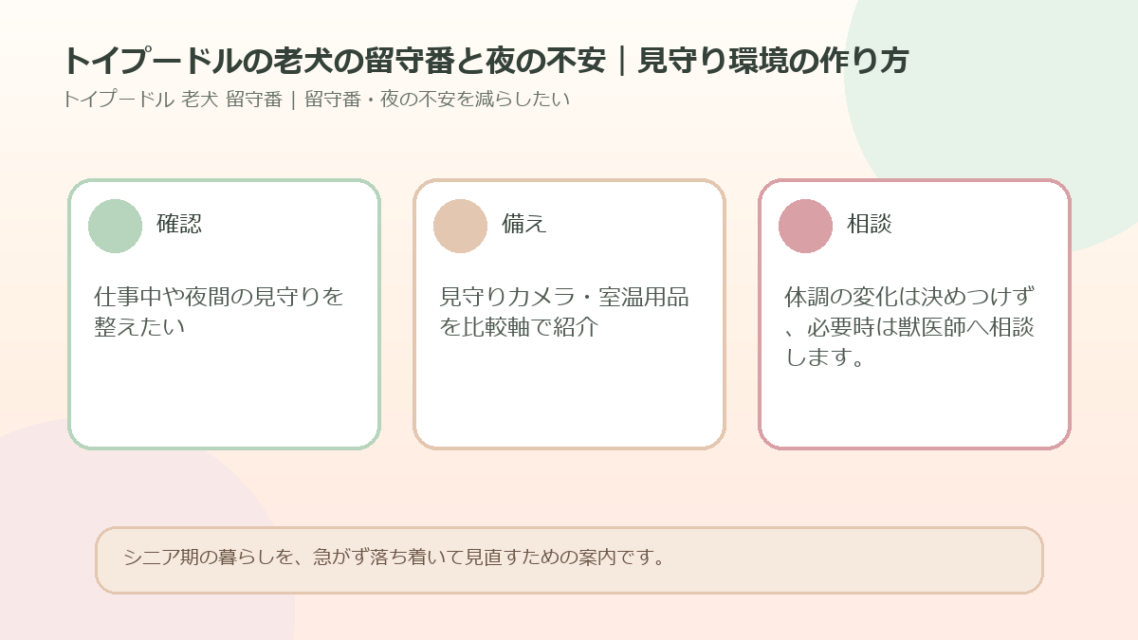 トイプードルの老犬の留守番と夜の不安｜見守り環境の作り方のアイキャッチ図解
