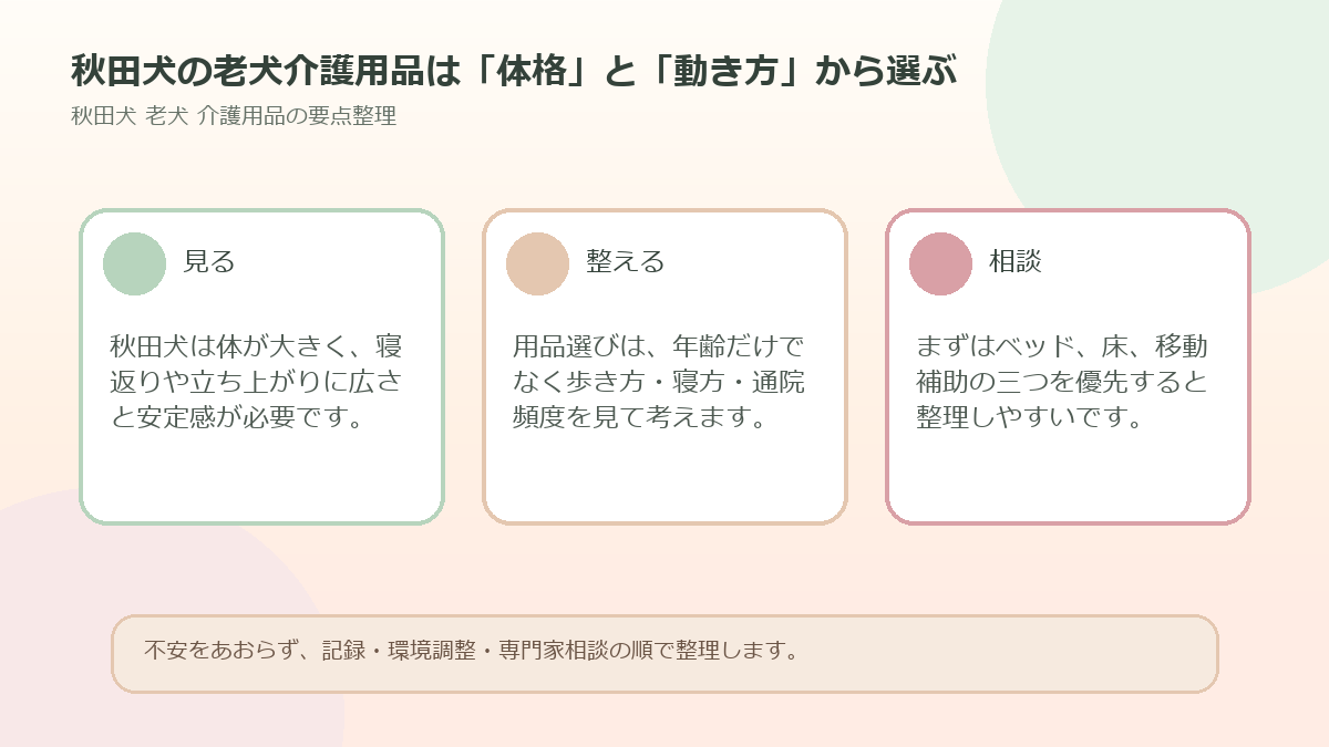 秋田犬の老犬介護用品は「体格」と「動き方」から選ぶを整理した図解