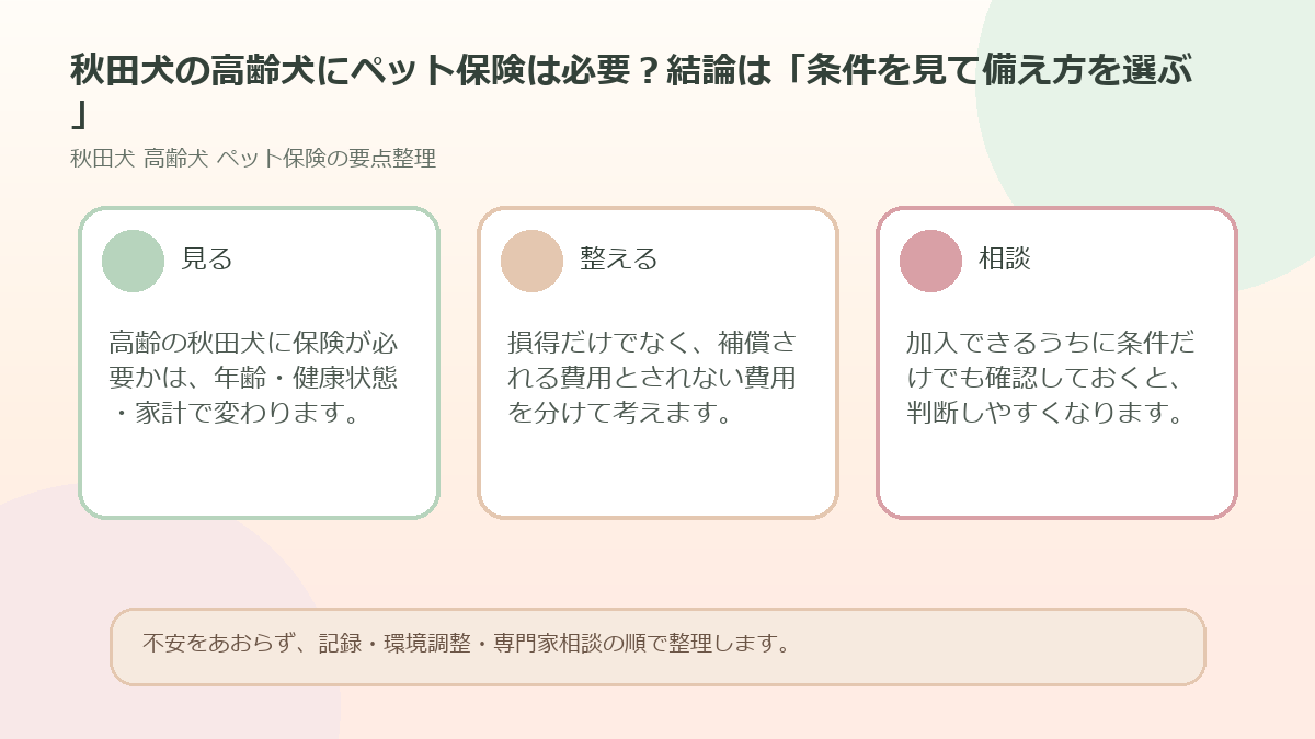 秋田犬の高齢犬にペット保険は必要？結論は「条件を見て備え方を選ぶ」を整理した図解