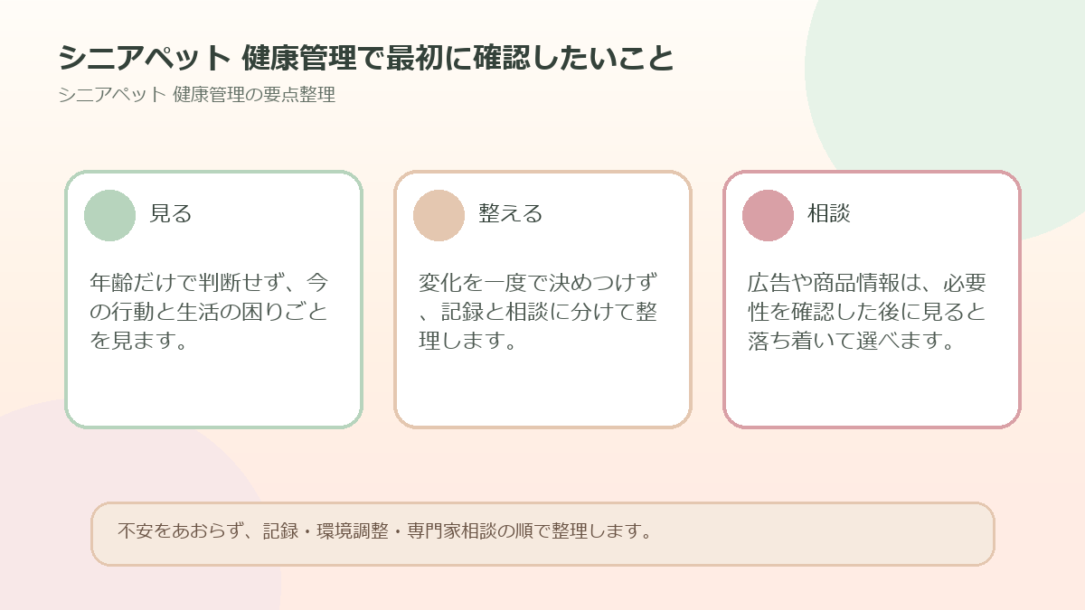シニアペット 健康管理で最初に確認したいことを整理した図解