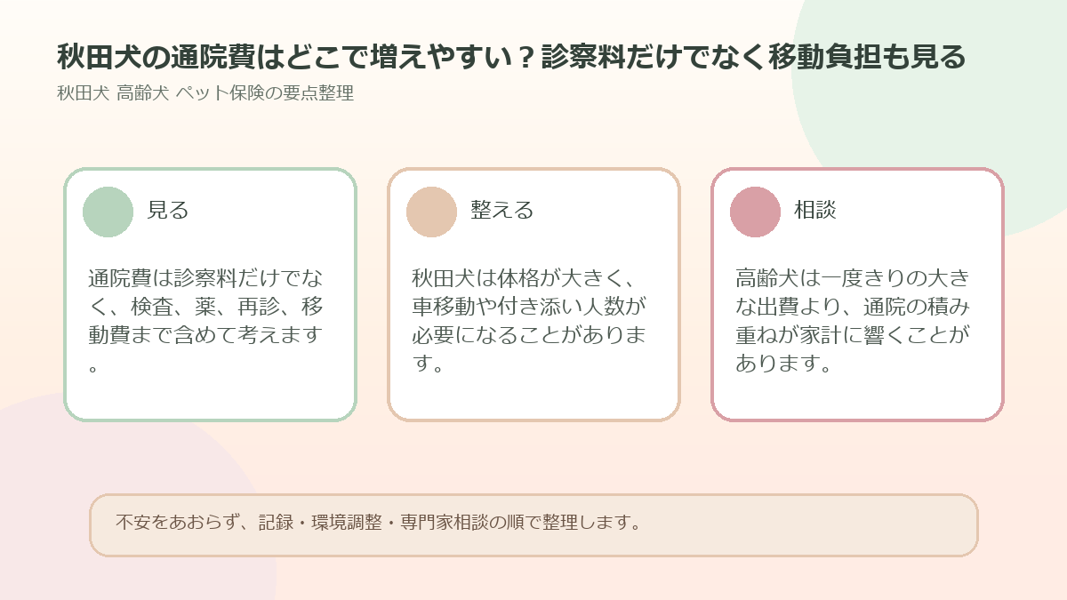 秋田犬の通院費はどこで増えやすい？診察料だけでなく移動負担も見るを整理した図解