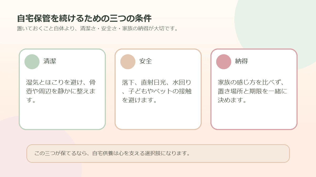ペットの遺骨を自宅で保管するための三つの条件の図解