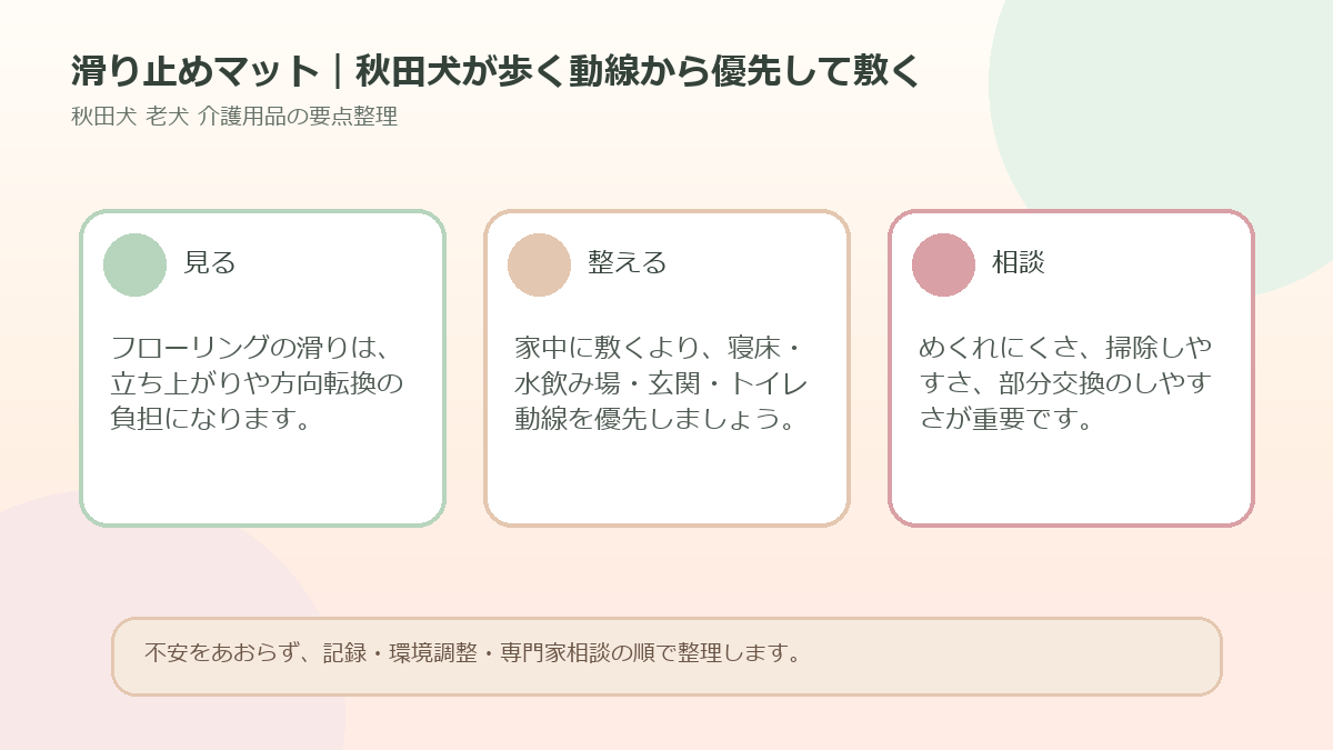 滑り止めマット｜秋田犬が歩く動線から優先して敷くを整理した図解