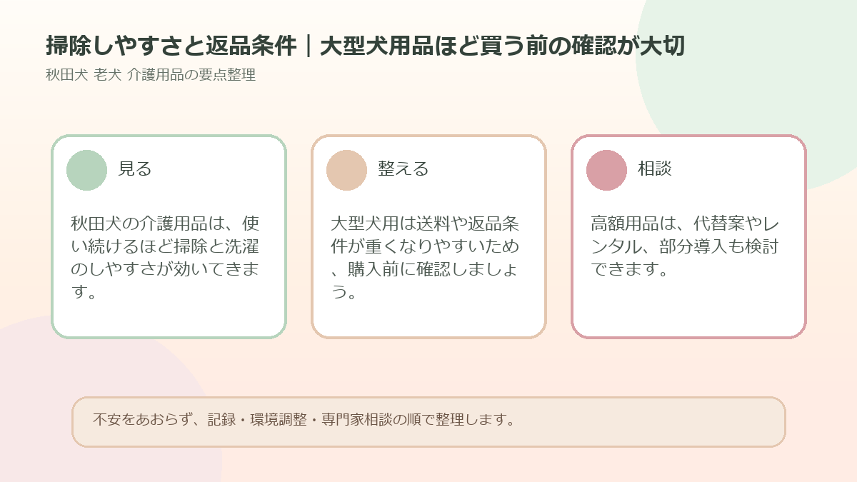 掃除しやすさと返品条件｜大型犬用品ほど買う前の確認が大切を整理した図解