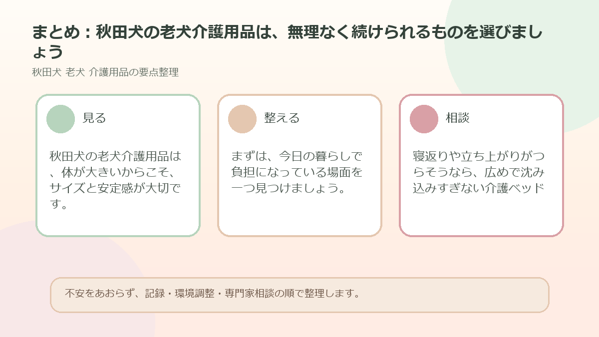 まとめ：秋田犬の老犬介護用品は、無理なく続けられるものを選びましょうを整理した図解
