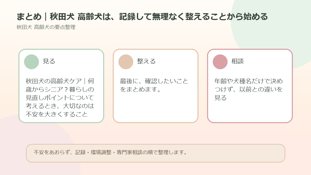 まとめ｜秋田犬 高齢犬は、記録して無理なく整えることから始めるを整理した図解