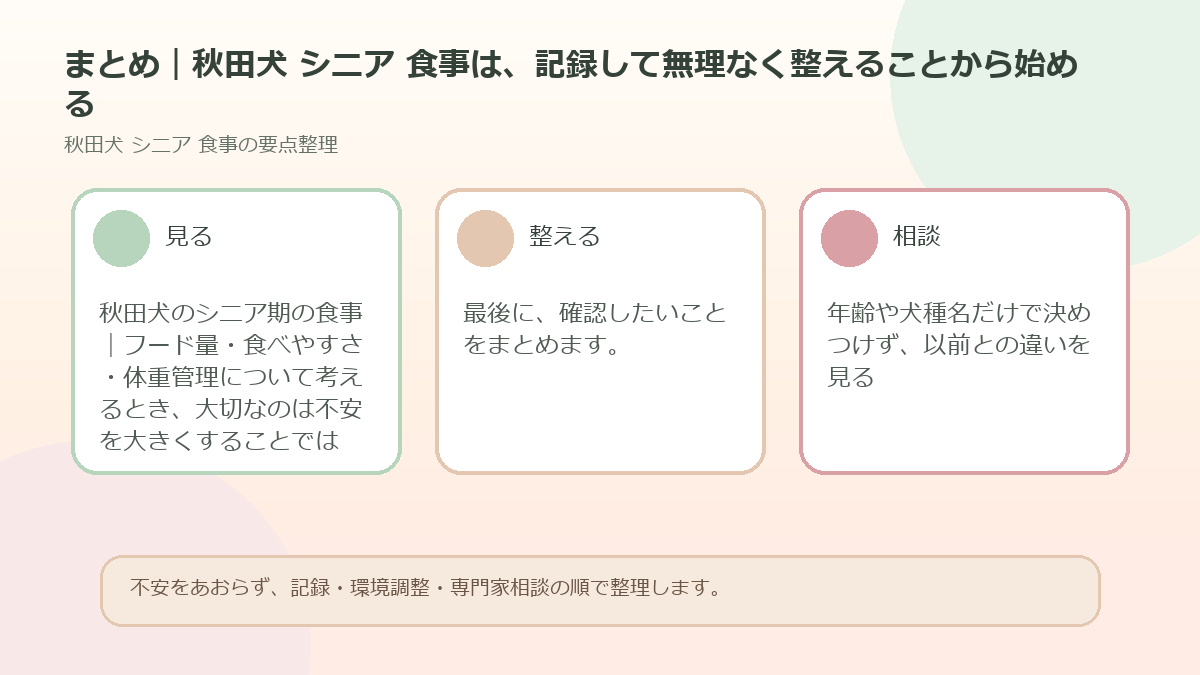 まとめ｜秋田犬 シニア 食事は、記録して無理なく整えることから始めるを整理した図解
