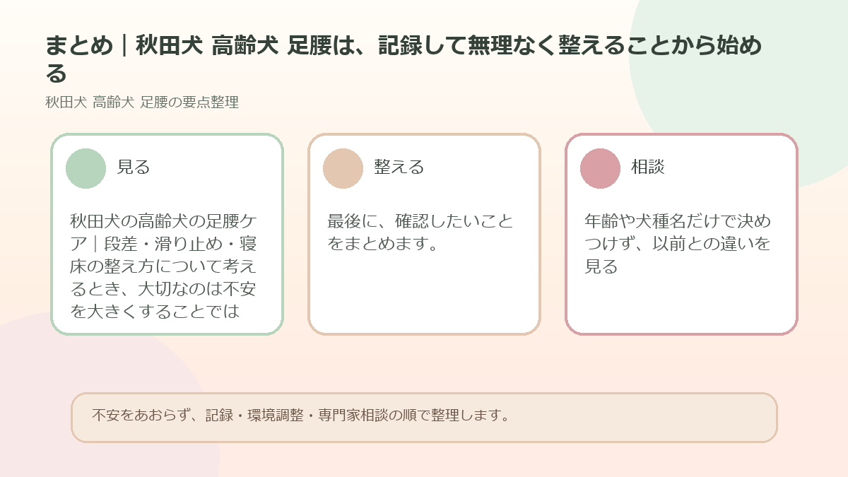 まとめ｜秋田犬 高齢犬 足腰は、記録して無理なく整えることから始めるを整理した図解