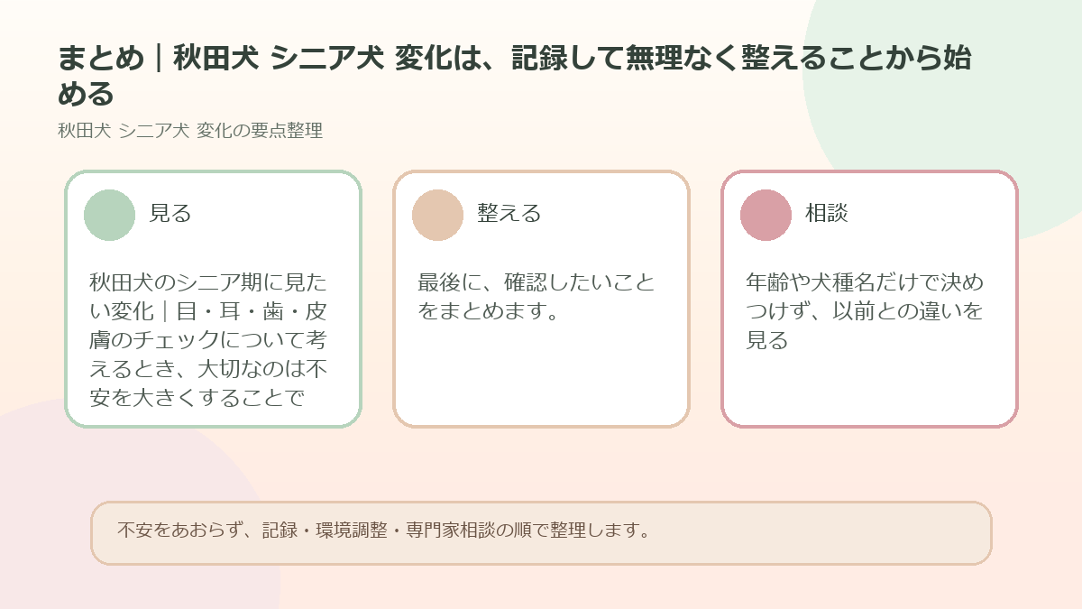 まとめ｜秋田犬 シニア犬 変化は、記録して無理なく整えることから始めるを整理した図解