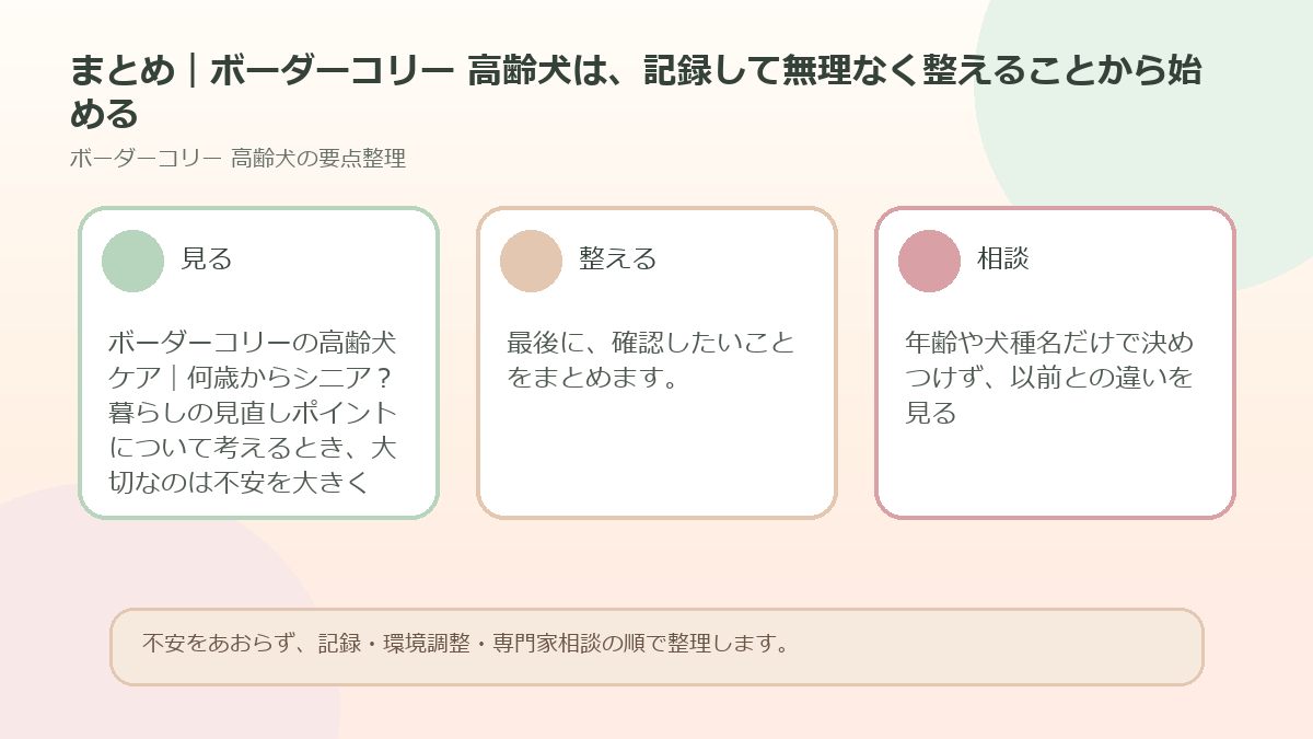 まとめ｜ボーダーコリー 高齢犬は、記録して無理なく整えることから始めるを整理した図解