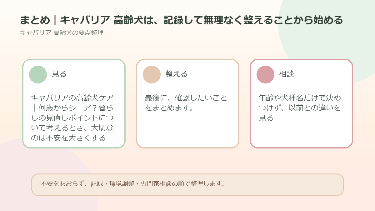 まとめ｜キャバリア 高齢犬は、記録して無理なく整えることから始めるを整理した図解