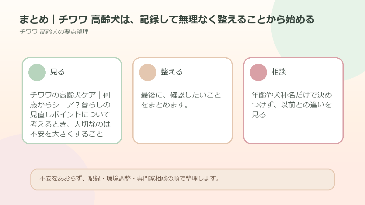まとめ｜チワワ 高齢犬は、記録して無理なく整えることから始めるを整理した図解