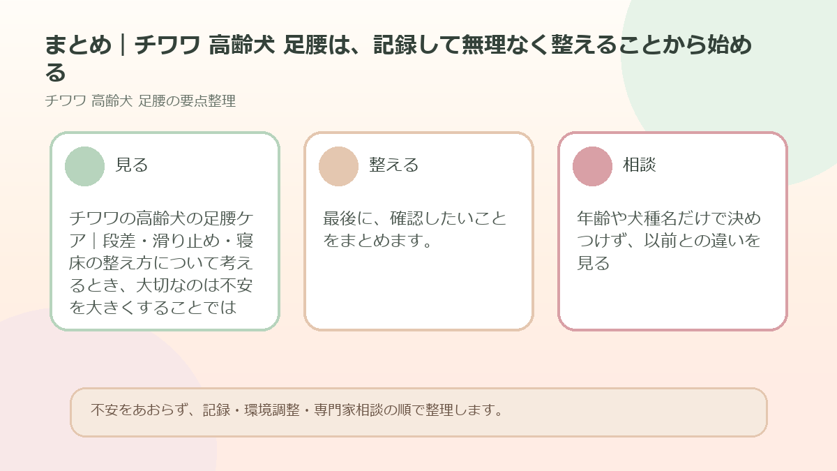 まとめ｜チワワ 高齢犬 足腰は、記録して無理なく整えることから始めるを整理した図解
