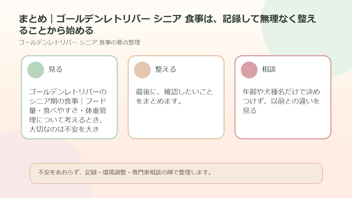 まとめ｜ゴールデンレトリバー シニア 食事は、記録して無理なく整えることから始めるを整理した図解