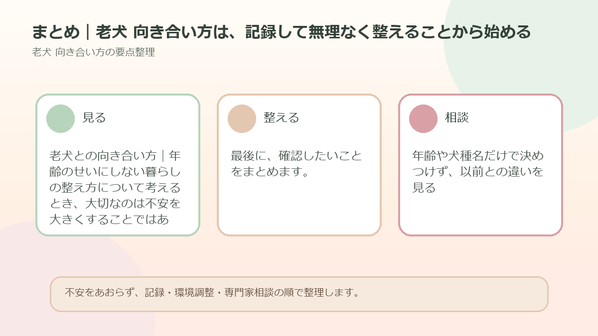 まとめ｜老犬 向き合い方は、記録して無理なく整えることから始めるを整理した図解