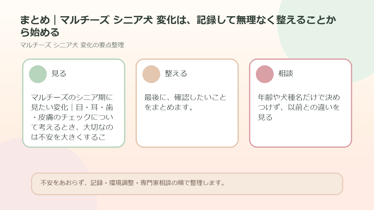 まとめ｜マルチーズ シニア犬 変化は、記録して無理なく整えることから始めるを整理した図解
