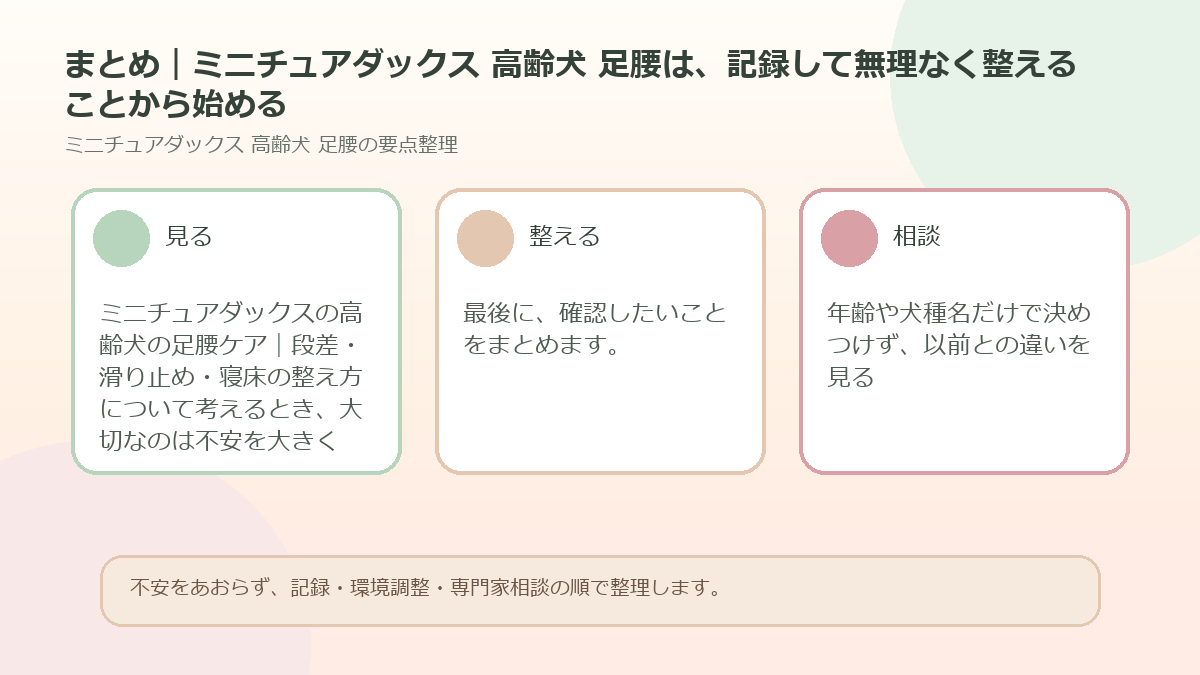 まとめ｜ミニチュアダックス 高齢犬 足腰は、記録して無理なく整えることから始めるを整理した図解