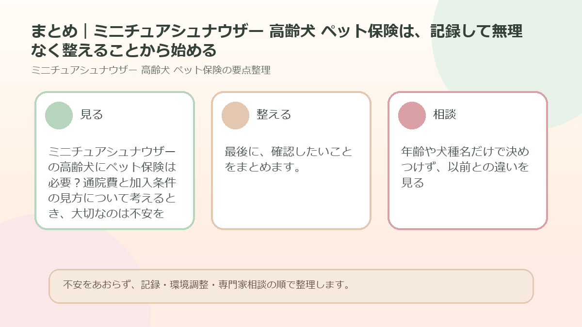まとめ｜ミニチュアシュナウザー 高齢犬 ペット保険は、記録して無理なく整えることから始めるを整理した図解
