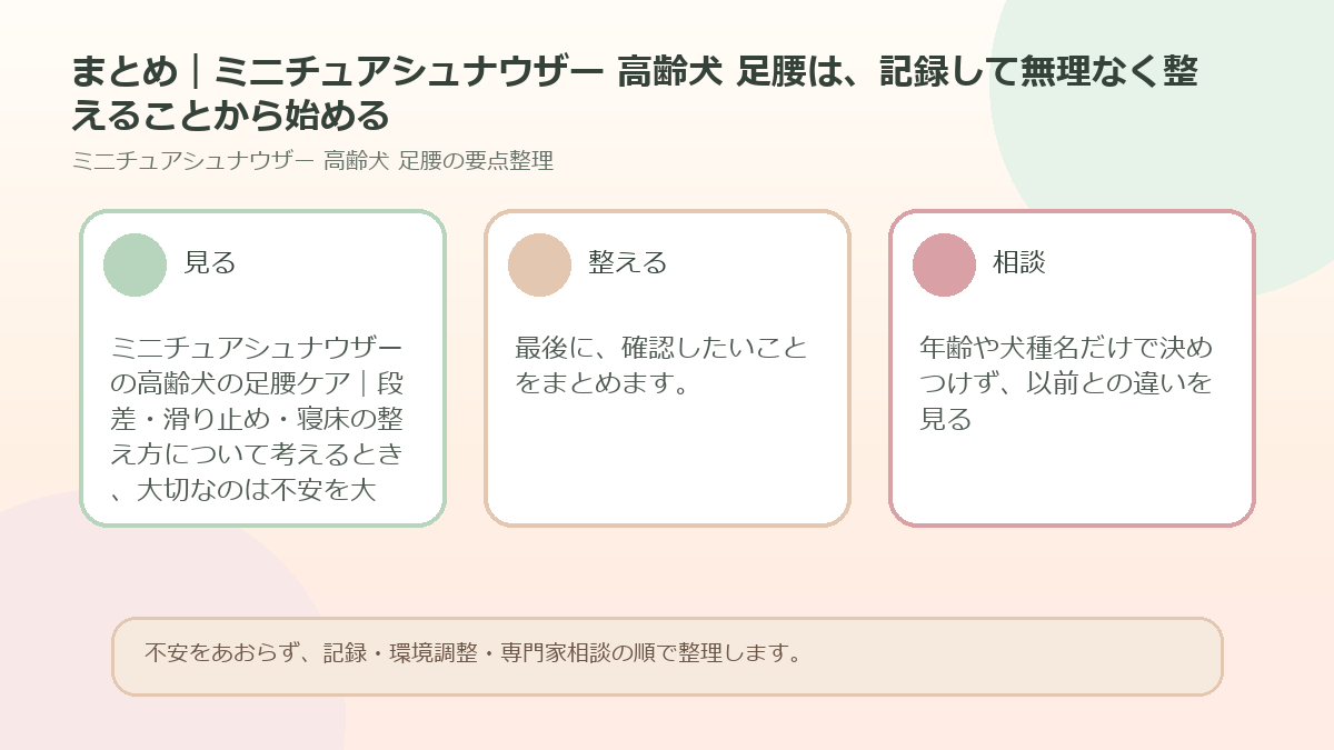 まとめ｜ミニチュアシュナウザー 高齢犬 足腰は、記録して無理なく整えることから始めるを整理した図解