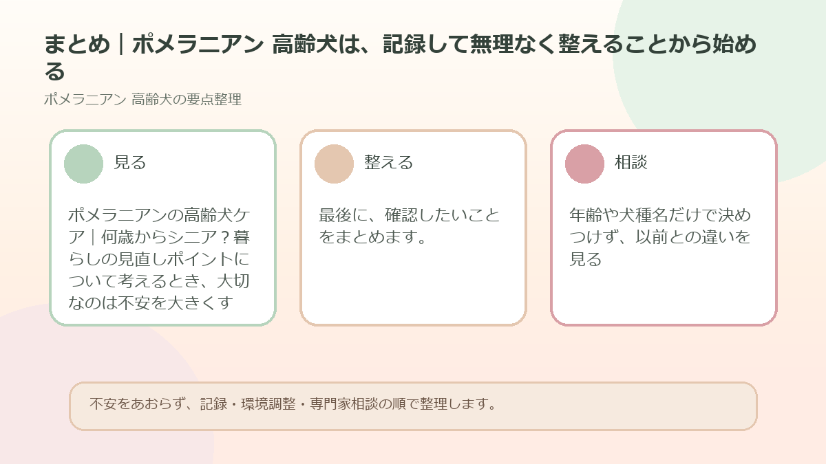 まとめ｜ポメラニアン 高齢犬は、記録して無理なく整えることから始めるを整理した図解