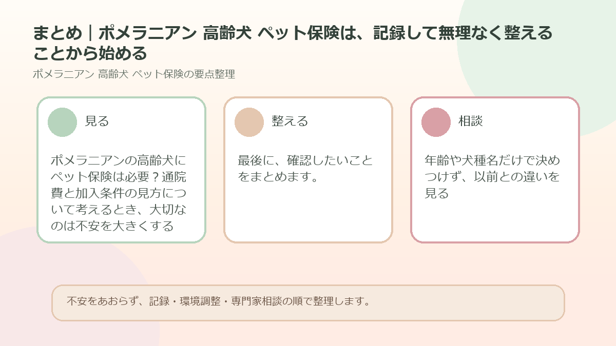 まとめ｜ポメラニアン 高齢犬 ペット保険は、記録して無理なく整えることから始めるを整理した図解