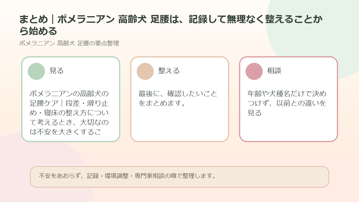まとめ｜ポメラニアン 高齢犬 足腰は、記録して無理なく整えることから始めるを整理した図解