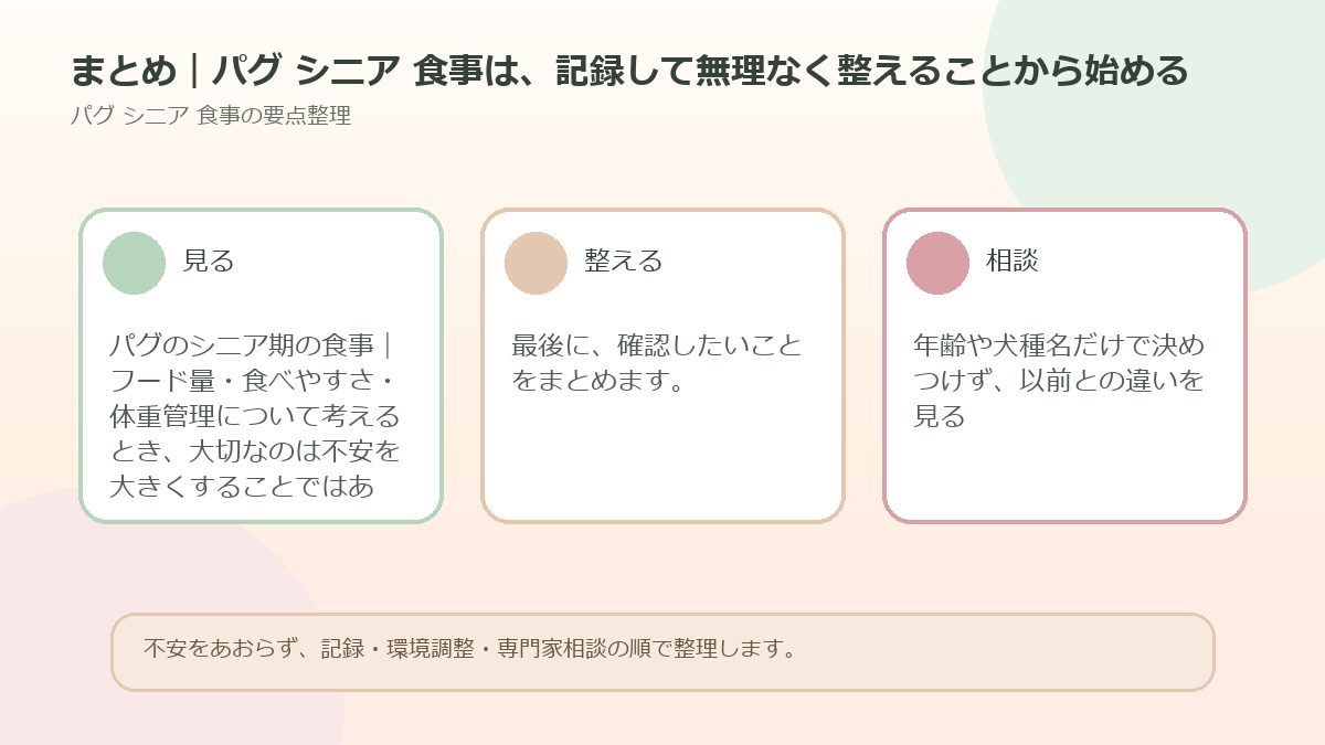 まとめ｜パグ シニア 食事は、記録して無理なく整えることから始めるを整理した図解