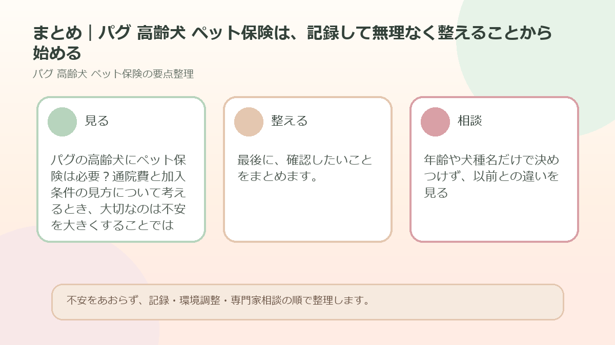 まとめ｜パグ 高齢犬 ペット保険は、記録して無理なく整えることから始めるを整理した図解