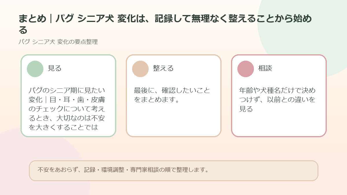まとめ｜パグ シニア犬 変化は、記録して無理なく整えることから始めるを整理した図解