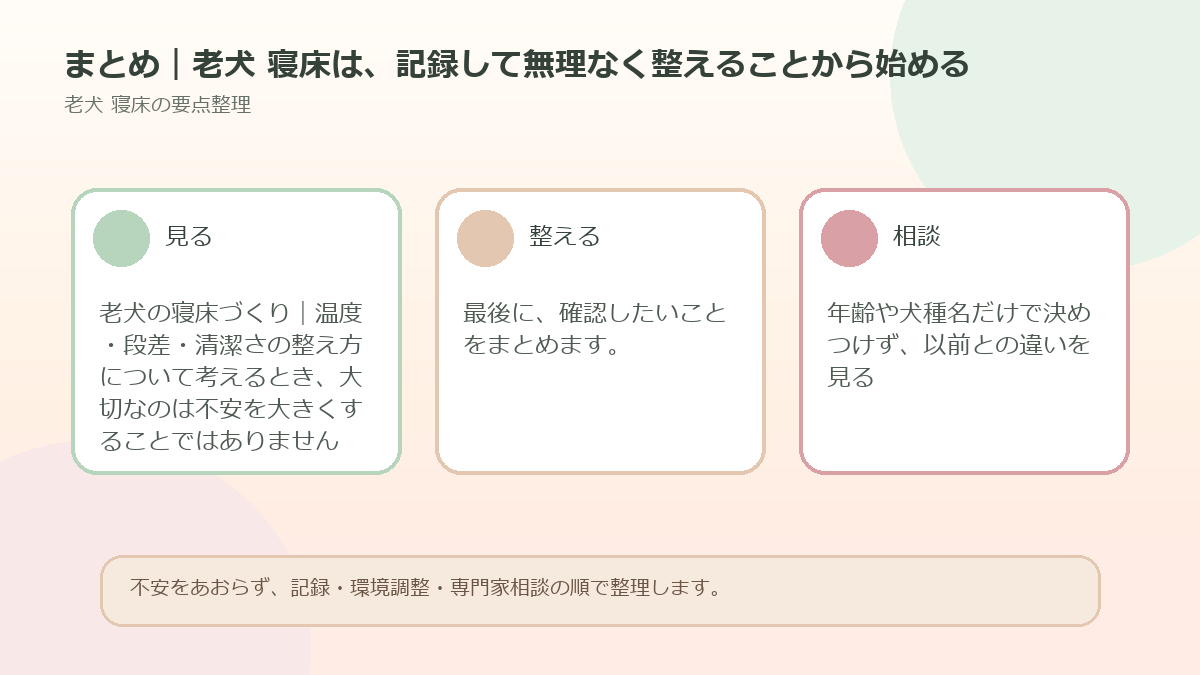 まとめ｜老犬 寝床は、記録して無理なく整えることから始めるを整理した図解